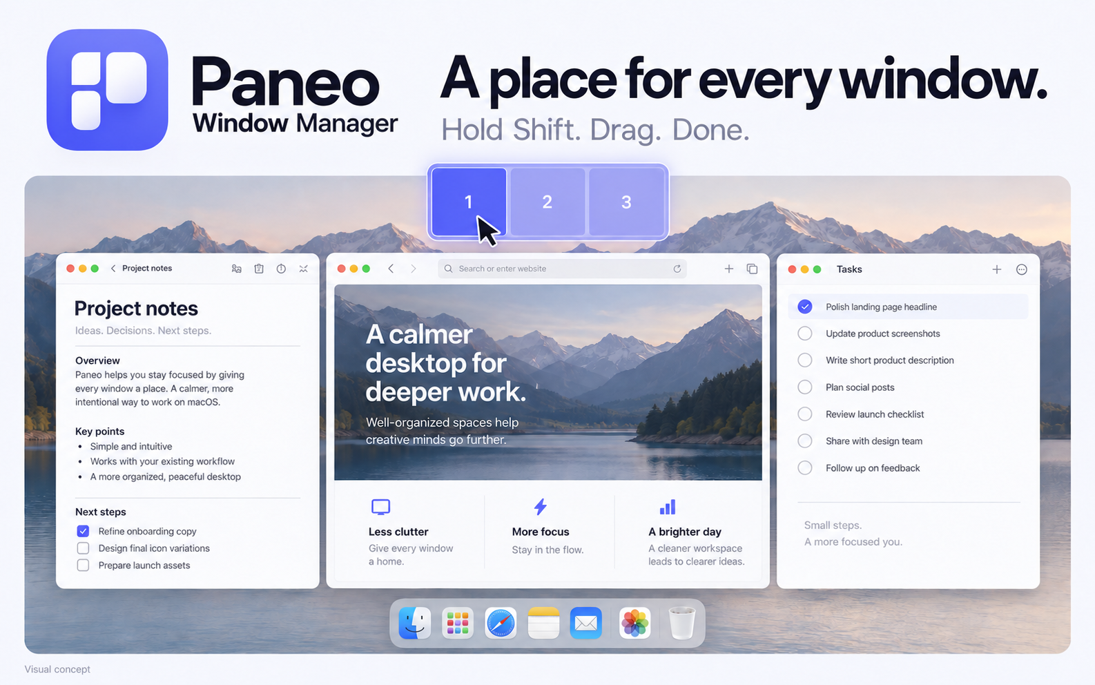 Paneo visual concept: notes, a browser, and tasks arranged in three zones across a mountain-lake desktop.